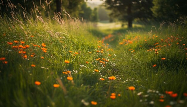 Sunset meadow wildflowers bloom in vibrant colors generated by AI