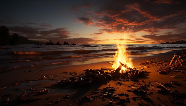 Free photo sunset over the mountains a burning campfire lights the night generated by artificial intelligence