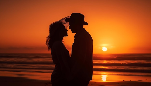 Free photo sunset romance two people embracing in nature generated by ai