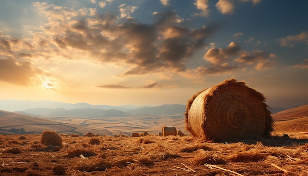 Sunset over a rural farm meadow bales golden harvest nature beauty generated by artificial intelligence