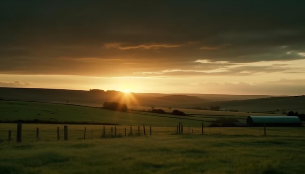 Free photo sunset over rural farm tranquil meadow beauty generated by ai