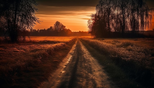 Free photo sunset over rural landscape tree silhouettes against orange generated by ai