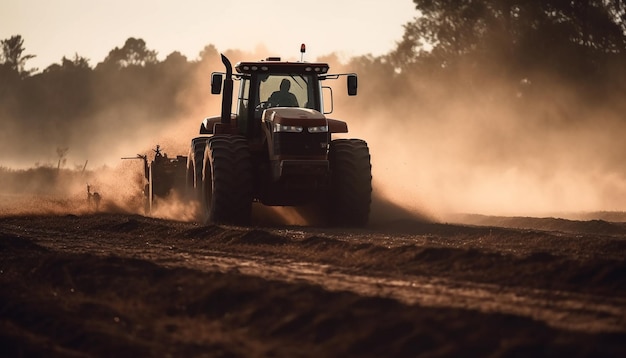 Free photo sunset silhouette driving combine harvester on meadow generated by ai