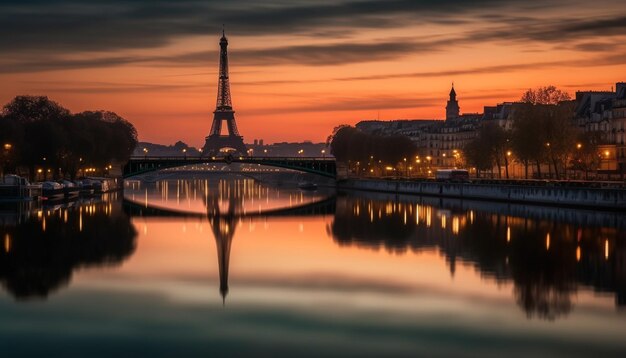 Sunset silhouette of famous bridge and skyscrapers generated by AI