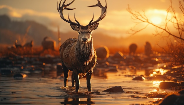 Free photo sunset silhouette majestic stag grazes in tranquil winter meadow generated by artificial intelligence