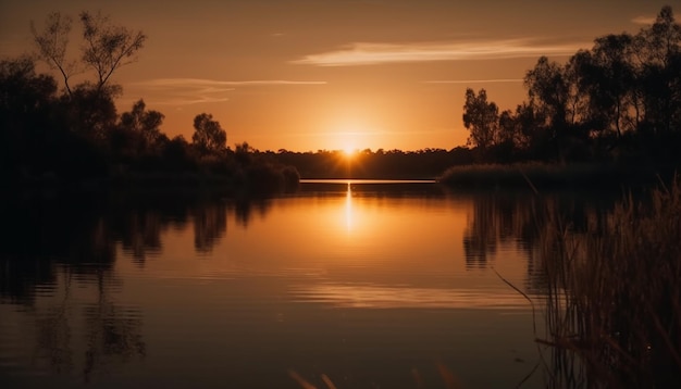 Free photo sunset silhouette tranquil horizon over vibrant seascape generated by ai