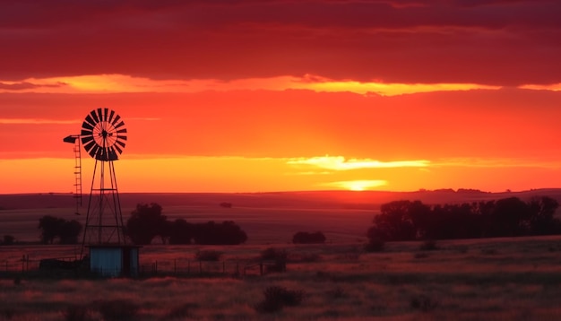 Free photo sunset silhouette windmill propels alternative energy generation generated by ai