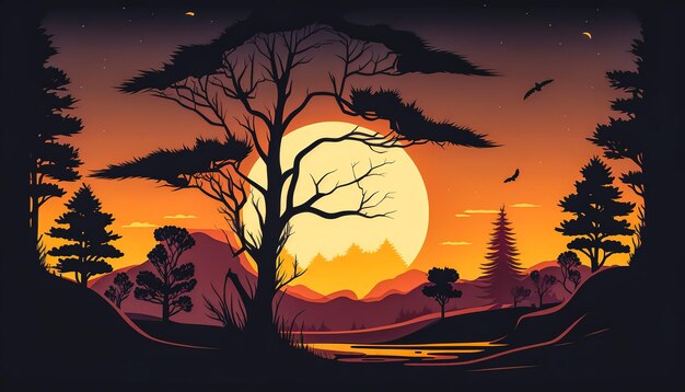 Sunset and silhouettes of trees in the mountains generative AI