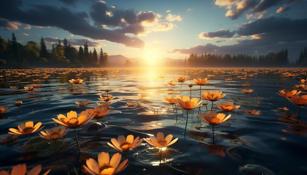 Free photo sunset over a tranquil pond reflects the beauty of nature generated by artificial intelligence