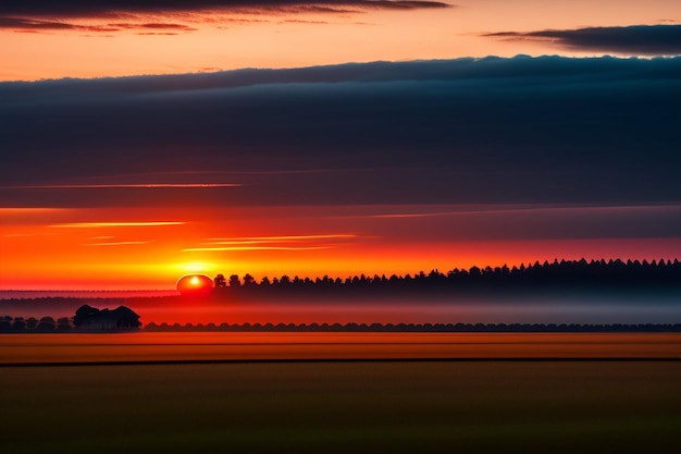 Free Photo a sunset with a field and trees in the background