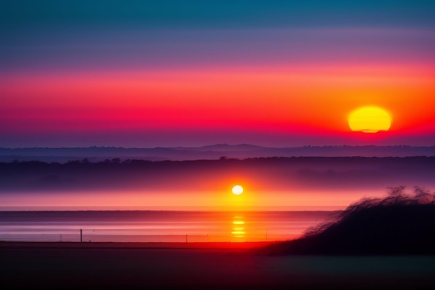 A sunset with a foggy horizon and the sun in the background