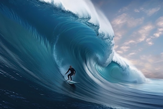 Surfer on big Blue Ocean Wave Ai generative