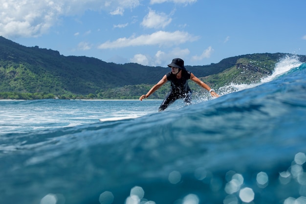 Surfer on a blue wave.