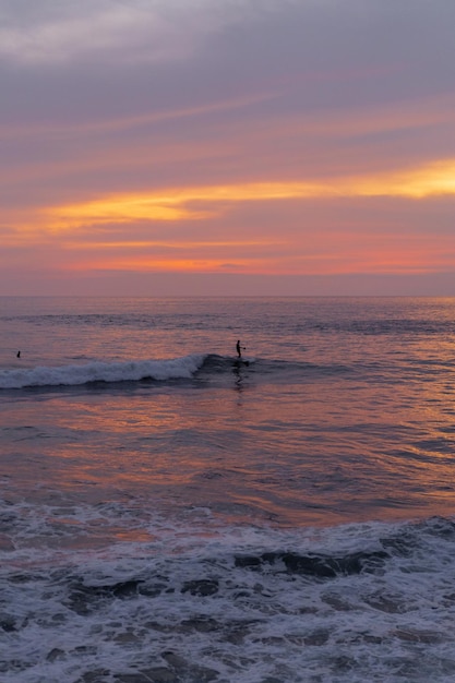 Surfers catch waves at sunset in the ocean. Surfing background