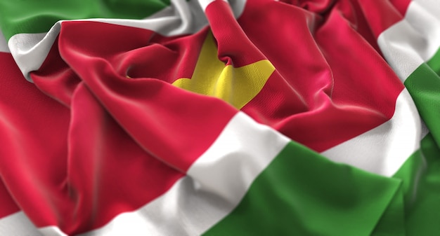 Suriname Flag Ruffled Beautifully Waving Macro Close-Up Shot