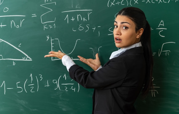 surprised young female teacher standing in front blackboard points with hands at blackboard in classroom