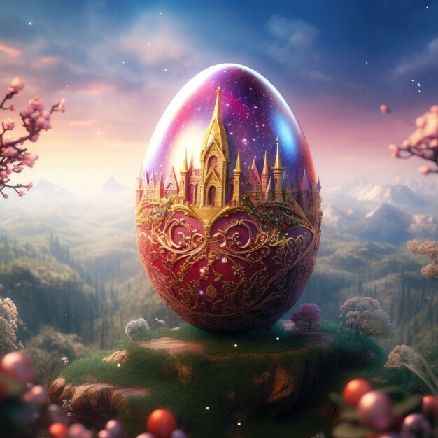 Surreal easter egg with fantasy world landscape