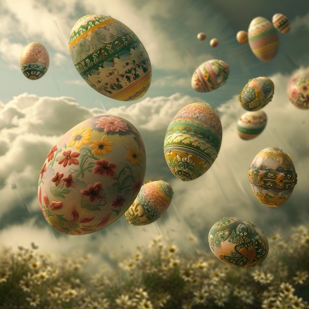 Surreal easter eggs with fantasy world landscape