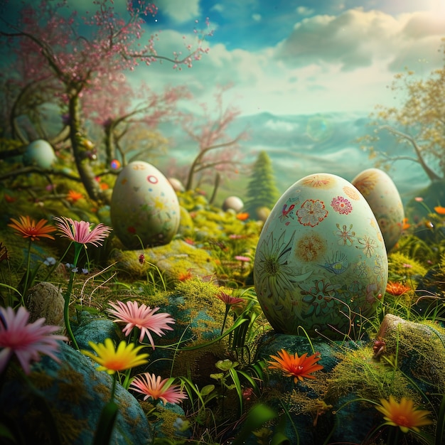 Free photo surreal easter eggs with fantasy world landscape