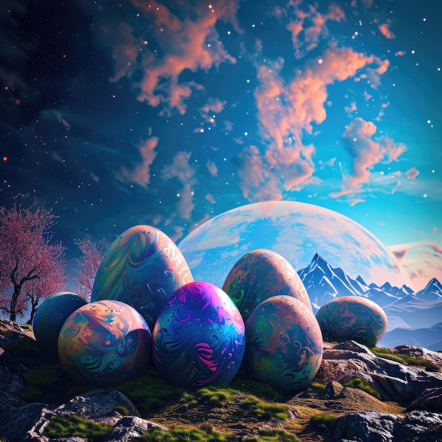 Free Photo surreal easter eggs with fantasy world landscape