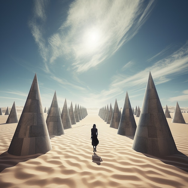 Free photo surreal geometric shapes in the barren desert