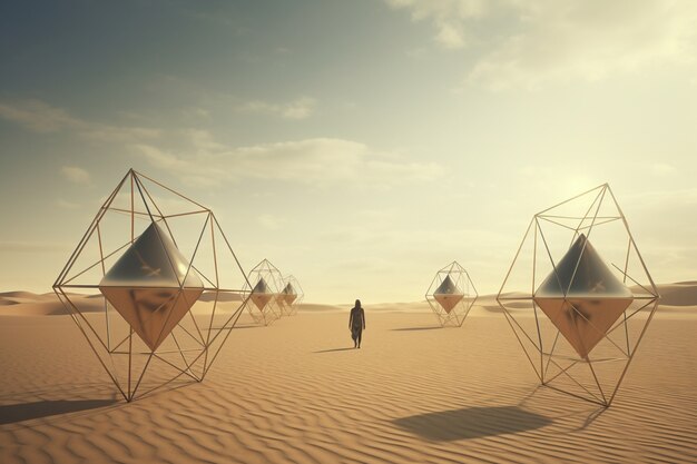 Free photo surreal geometric shapes in the barren desert