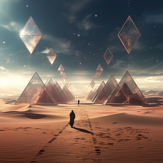 Free photo surreal geometric shapes in the barren desert