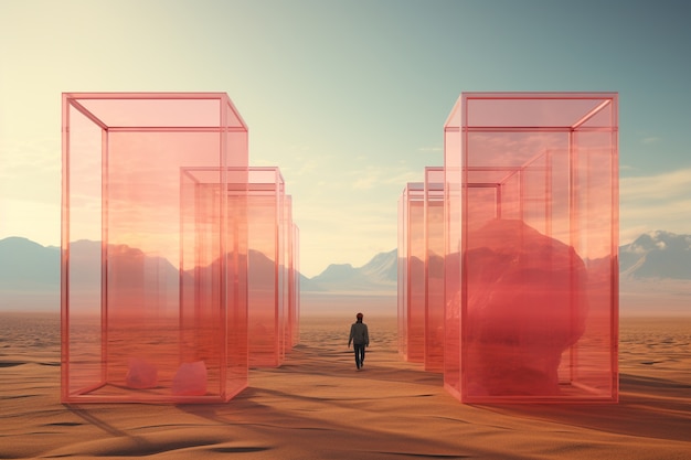 Free photo surreal geometric shapes in the barren desert