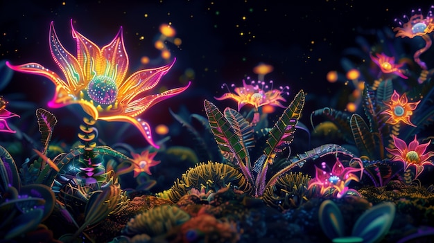 Free photo surreal neon tropical flowers