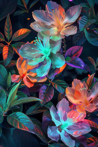 Free Photo surreal neon tropical flowers