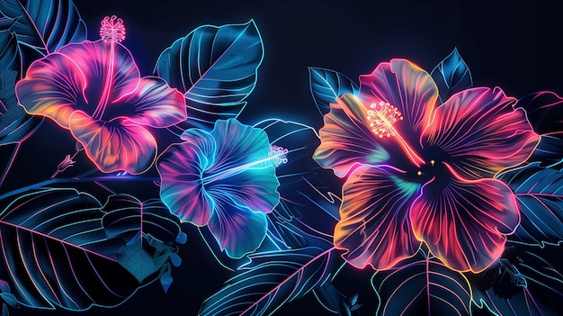 Free photo surreal neon tropical flowers