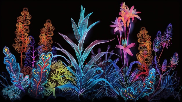 Surreal neon tropical flowers