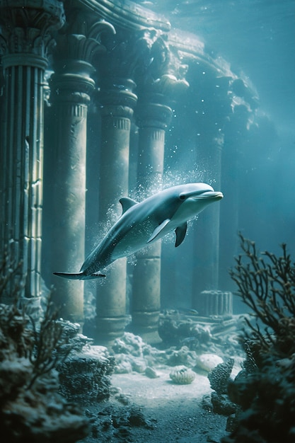 Free photo surreal rendering of dolphin among ruins