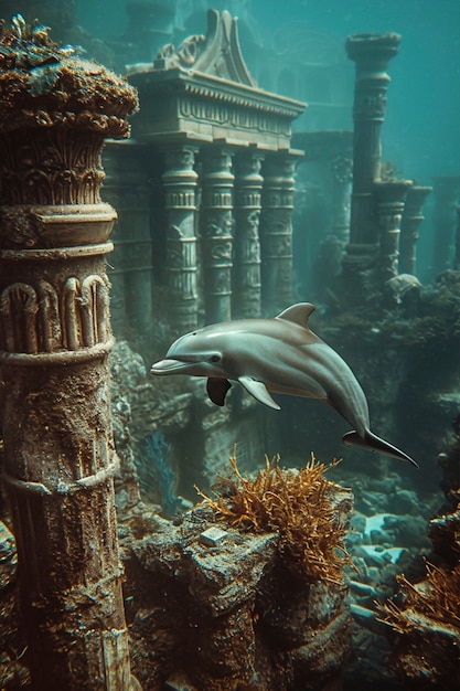 Free photo surreal rendering of dolphin among ruins