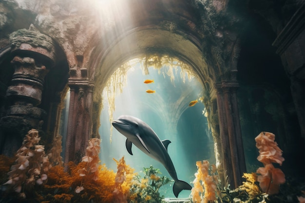 Free photo surreal rendering of dolphin among ruins