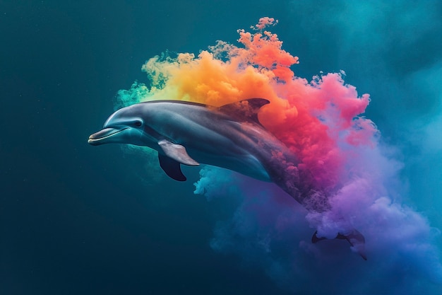 Free Photo surreal rendering of dolphin in colorful water