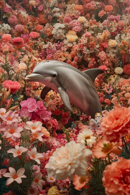 Surreal rendering of dolphin among flowers