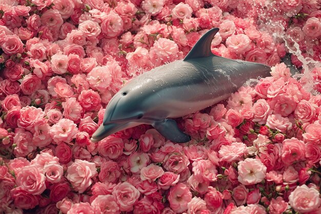 Surreal rendering of dolphin among flowers