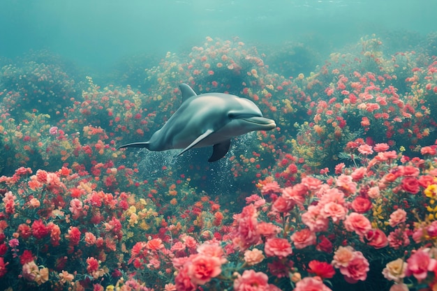 Surreal rendering of dolphin among flowers