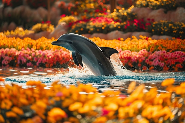 Surreal rendering of dolphin among flowers