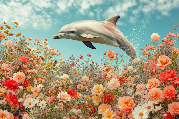 Surreal rendering of dolphin among flowers