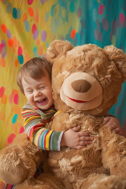 Surreal rendering of kid bounding with giant stuffed toy