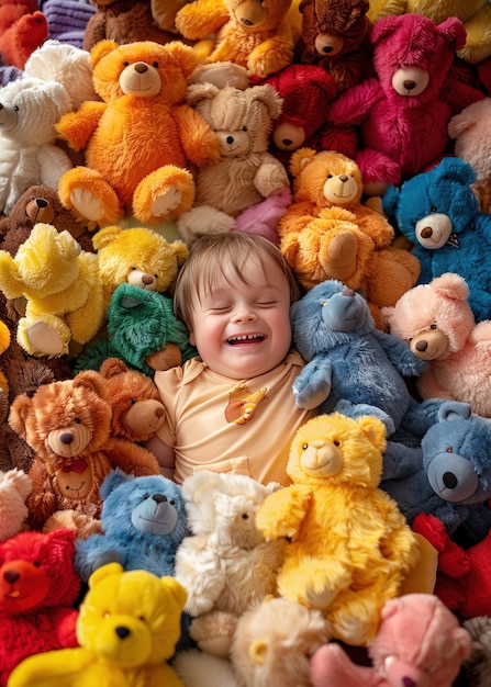 Free Photo surreal rendering of kid bounding with giant stuffed toy