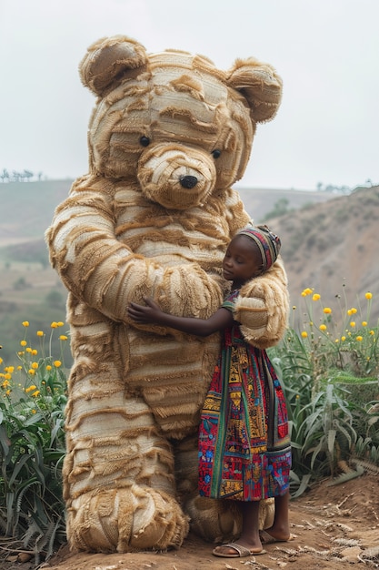 Free Photo surreal rendering of kid bounding with giant stuffed toy