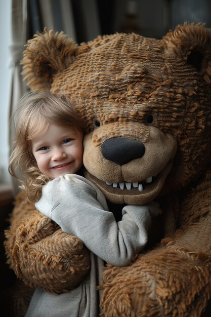 Surreal rendering of kid bounding with giant stuffed toy