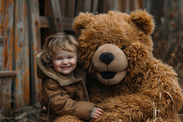 Surreal rendering of kid bounding with giant stuffed toy