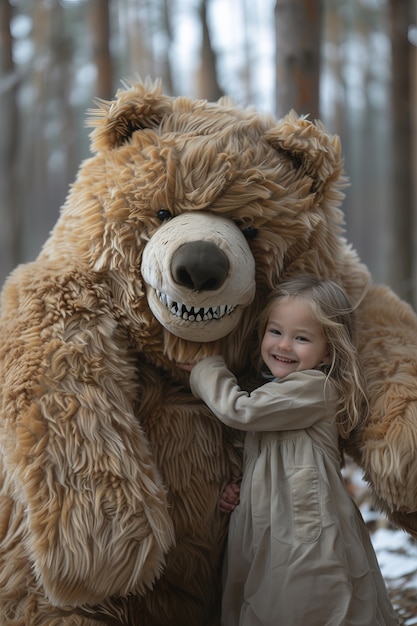 Free Photo surreal rendering of kid bounding with giant stuffed toy