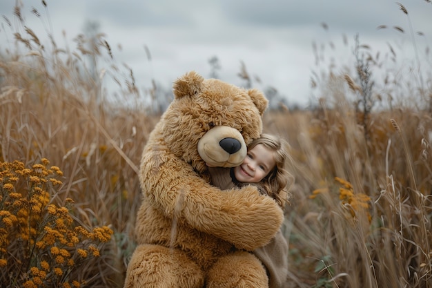 Free Photo surreal rendering of kid bounding with giant stuffed toy