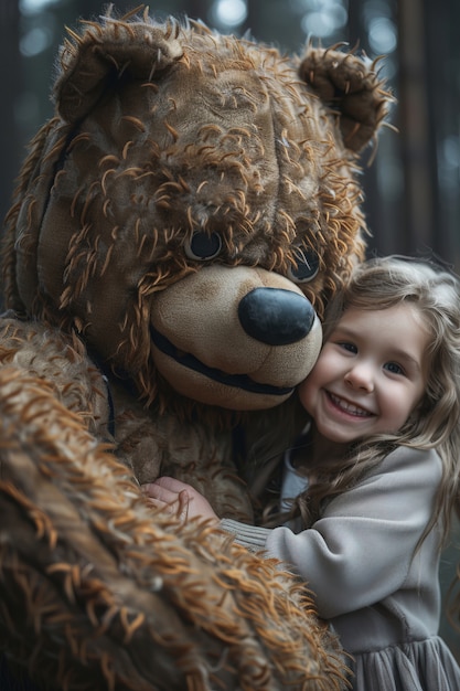 Free Photo surreal rendering of kid bounding with giant stuffed toy