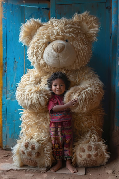 Free Photo surreal rendering of kid bounding with giant stuffed toy